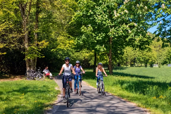 Grupo pedaleando por un camino arbolado en el tour en bicicleta por Edimburgo