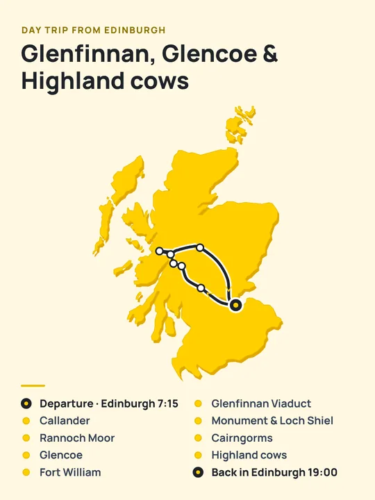 Illustrated map of the Glenfinnan day trip: Edinburgh, Callander, Rannoch Moor, Glencoe, Fort William, Glenfinnan Viaduct and the Cairngorms