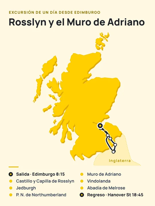 Mapa ilustrado de la excursión: Edimburgo, Capilla de Rosslyn, Abadía de Melrose, Jedburgh, Muro de Adriano y Vindolanda