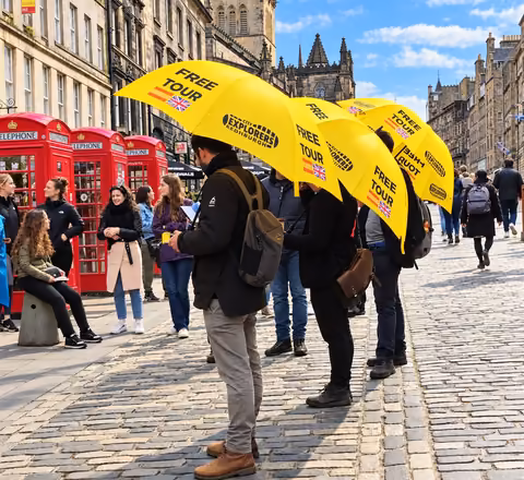 City Explorers guides with their yellow umbrellas